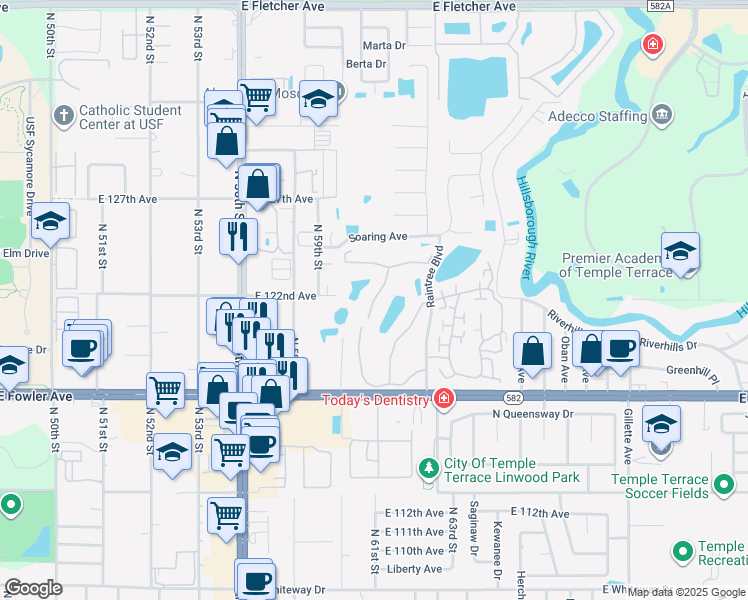 map of restaurants, bars, coffee shops, grocery stores, and more near 11831 Skylake Place in Tampa