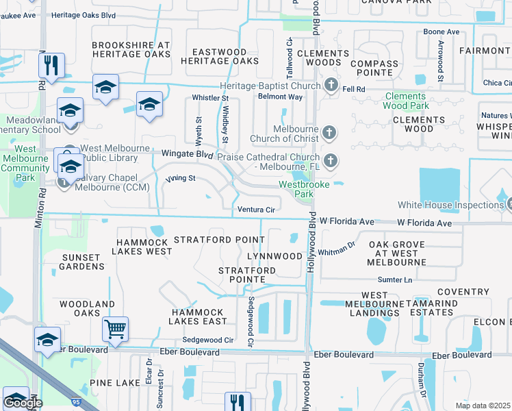 map of restaurants, bars, coffee shops, grocery stores, and more near 2571 Ventura Circle in Melbourne