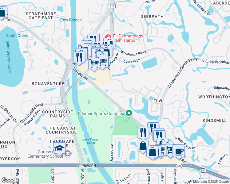 map of restaurants, bars, coffee shops, grocery stores, and more near 416 Meadow Lane in Oldsmar