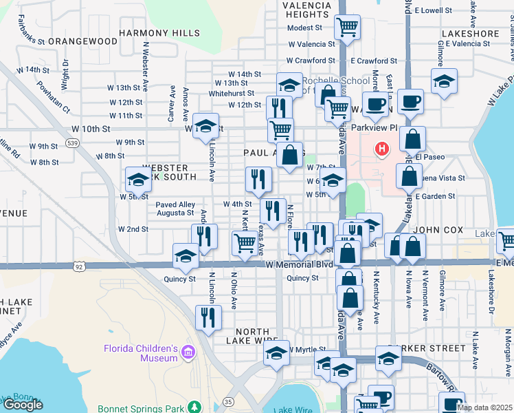 map of restaurants, bars, coffee shops, grocery stores, and more near 608 West 4th Street in Lakeland
