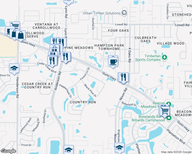 map of restaurants, bars, coffee shops, grocery stores, and more near 5312 Black Pine Drive in Tampa