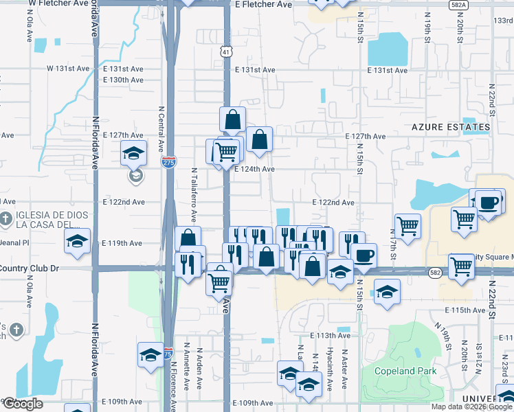 map of restaurants, bars, coffee shops, grocery stores, and more near 921 East 121st Avenue in Tampa