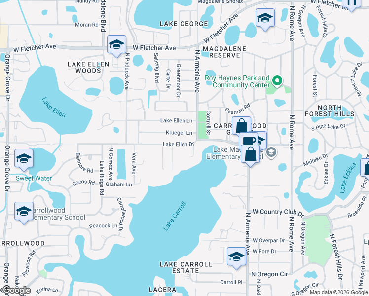 map of restaurants, bars, coffee shops, grocery stores, and more near 12108 Lake Carroll Drive in Tampa