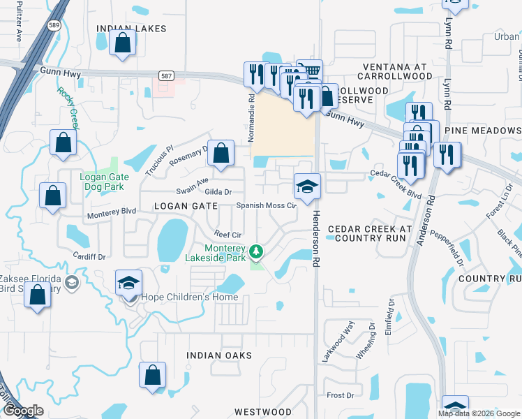 map of restaurants, bars, coffee shops, grocery stores, and more near 6502 Spanish Moss Circle in Tampa