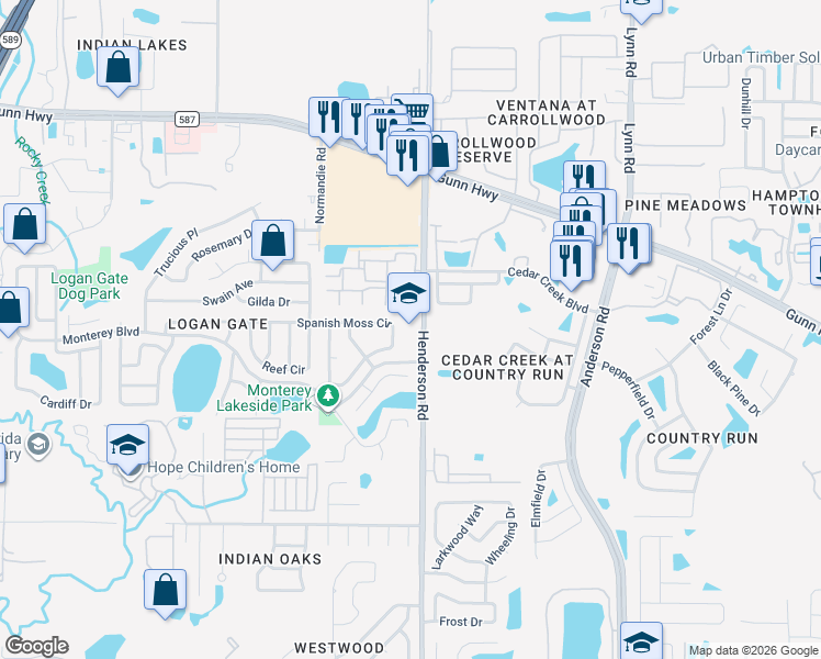 map of restaurants, bars, coffee shops, grocery stores, and more near 12606 Henderson Road in Tampa