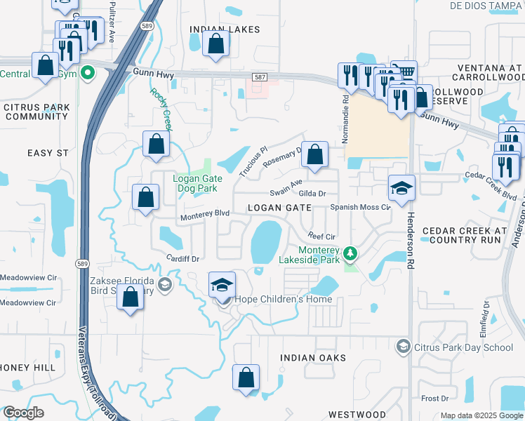 map of restaurants, bars, coffee shops, grocery stores, and more near 6914 Spanish Moss Circle in Tampa