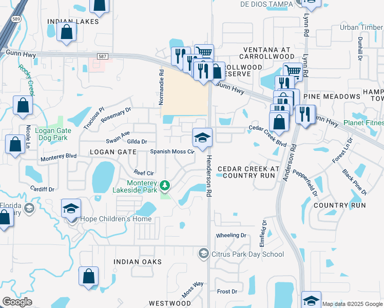 map of restaurants, bars, coffee shops, grocery stores, and more near 6547 Spanish Moss Circle in Tampa
