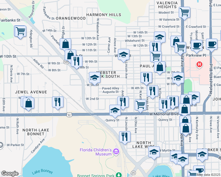 map of restaurants, bars, coffee shops, grocery stores, and more near Paved Alley in Lakeland