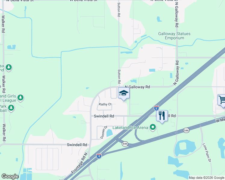 map of restaurants, bars, coffee shops, grocery stores, and more near 1124 Mercury Drive East in Lakeland