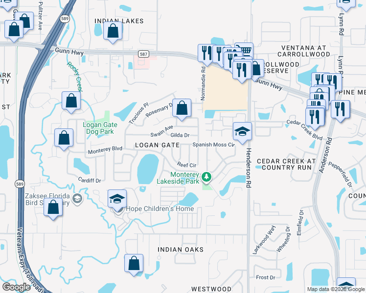 map of restaurants, bars, coffee shops, grocery stores, and more near 12513 Regency Street in Tampa