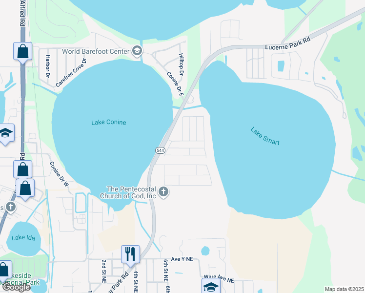 map of restaurants, bars, coffee shops, grocery stores, and more near 262 Winter Ridge Boulevard in Winter Haven