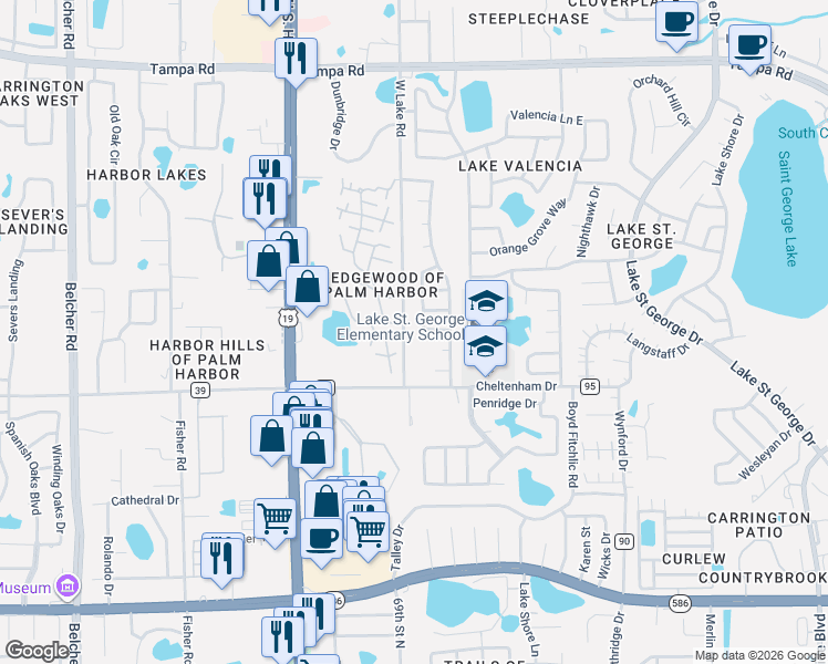 map of restaurants, bars, coffee shops, grocery stores, and more near 2751 Wilson Court in Palm Harbor