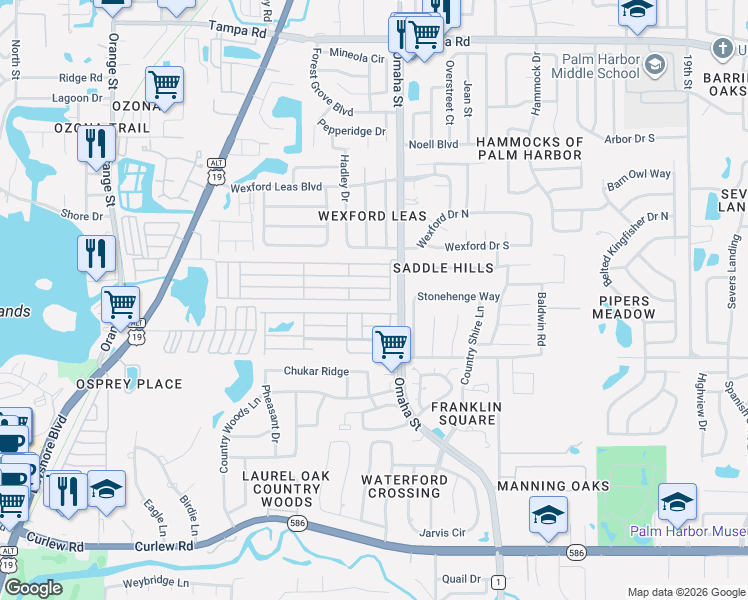 map of restaurants, bars, coffee shops, grocery stores, and more near Bahama Circle in Palm Harbor