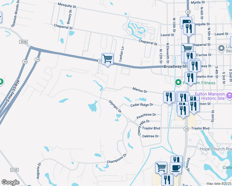 map of restaurants, bars, coffee shops, grocery stores, and more near 210 Olympic Drive in Rockport