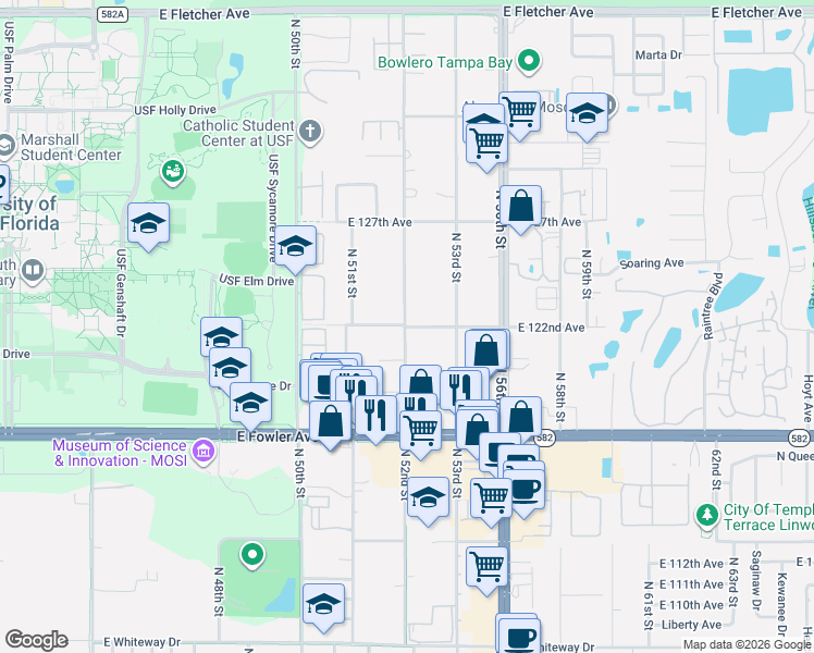 map of restaurants, bars, coffee shops, grocery stores, and more near 5128 East 121st Avenue in Temple Terrace