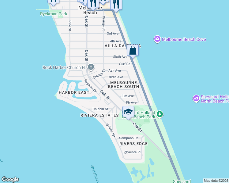 map of restaurants, bars, coffee shops, grocery stores, and more near 299 Dogwood Avenue in Melbourne Beach