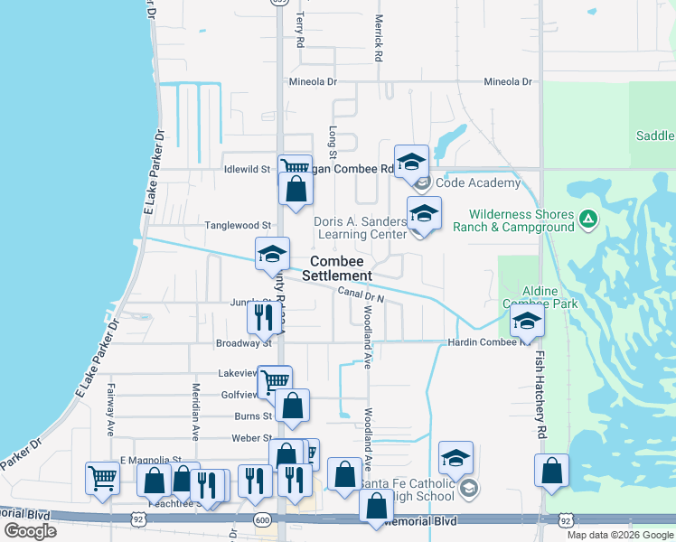 map of restaurants, bars, coffee shops, grocery stores, and more near 2649 Canal Drive North in Lakeland