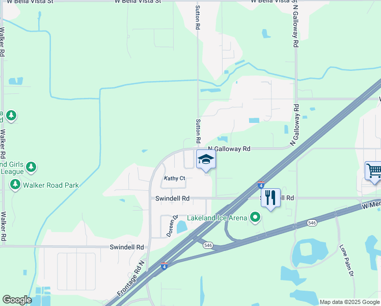 map of restaurants, bars, coffee shops, grocery stores, and more near 1140 Mercury Drive East in Lakeland
