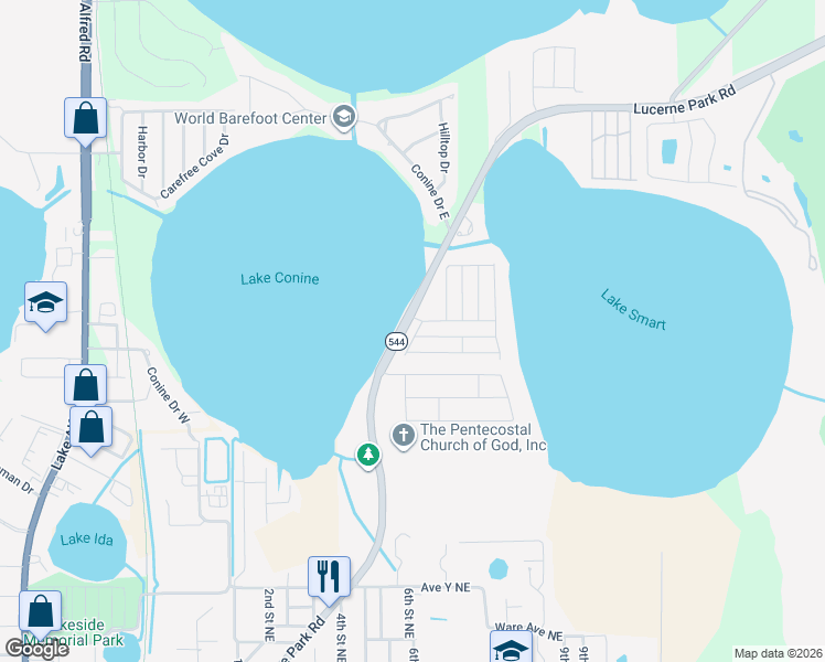 map of restaurants, bars, coffee shops, grocery stores, and more near 201 Winter Ridge Boulevard in Winter Haven