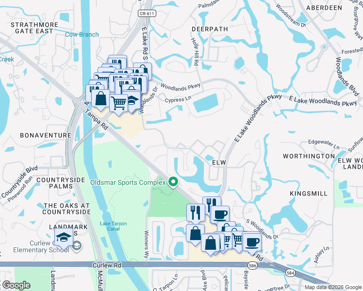 map of restaurants, bars, coffee shops, grocery stores, and more near 124 Camille Court in Oldsmar