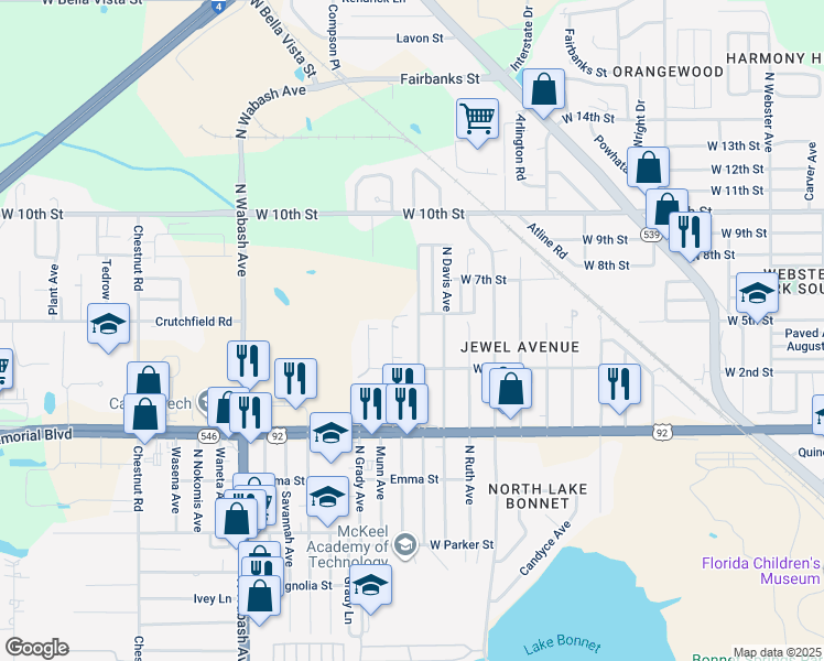 map of restaurants, bars, coffee shops, grocery stores, and more near 1134 Edith Avenue in Lakeland