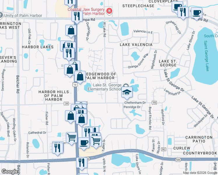 map of restaurants, bars, coffee shops, grocery stores, and more near 664 Channing Drive in Palm Harbor