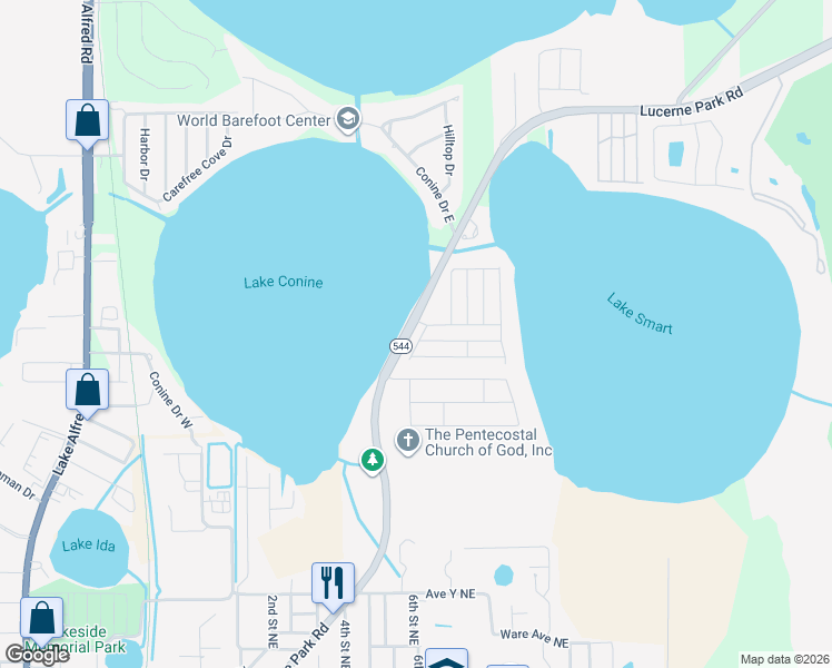 map of restaurants, bars, coffee shops, grocery stores, and more near 201 Winter Ridge Boulevard in Winter Haven
