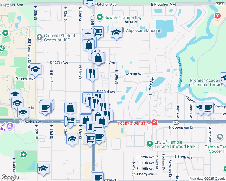 map of restaurants, bars, coffee shops, grocery stores, and more near 12206 North 59th Street in Tampa