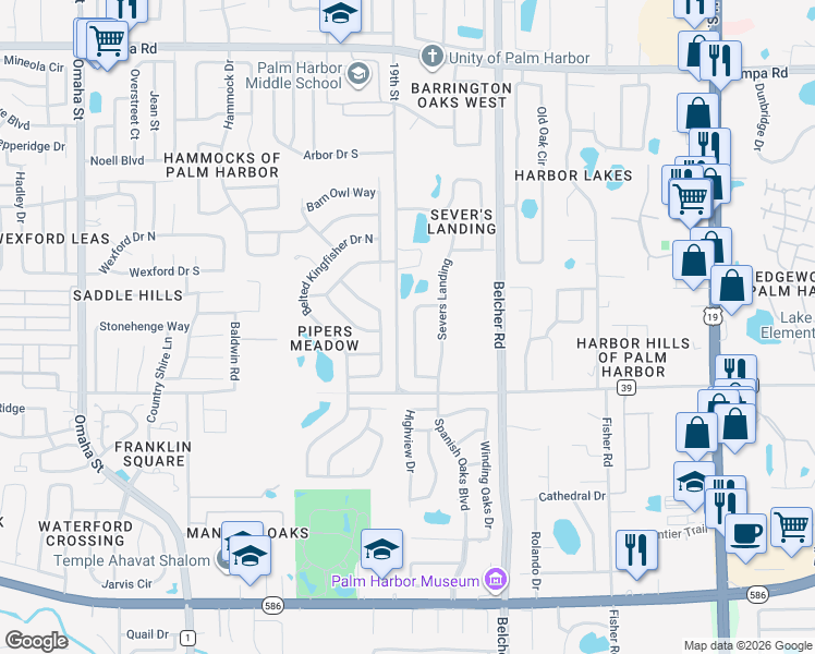 map of restaurants, bars, coffee shops, grocery stores, and more near 695 Samantha Drive in Palm Harbor