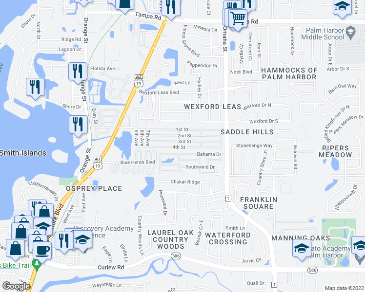 map of restaurants, bars, coffee shops, grocery stores, and more near 261 2nd Street in Palm Harbor