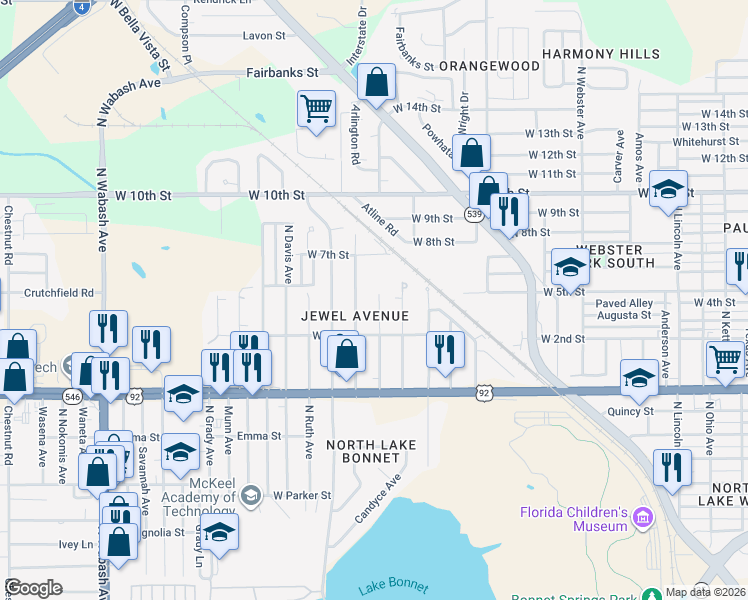 map of restaurants, bars, coffee shops, grocery stores, and more near 1141 Roselle Avenue in Lakeland