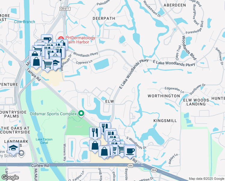 map of restaurants, bars, coffee shops, grocery stores, and more near 231 Caryl Way in Oldsmar