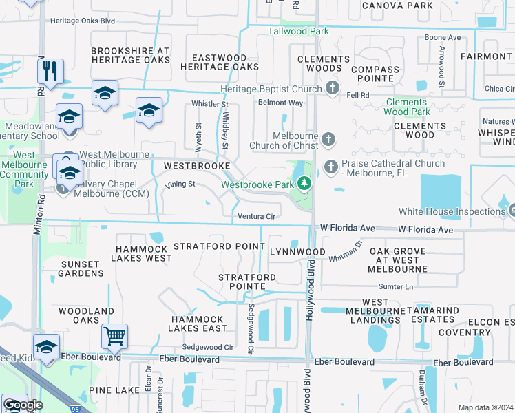 map of restaurants, bars, coffee shops, grocery stores, and more near 2521 Ventura Circle in West Melbourne