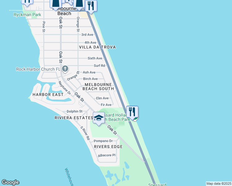 map of restaurants, bars, coffee shops, grocery stores, and more near 1950 Atlantic Street in Melbourne Beach