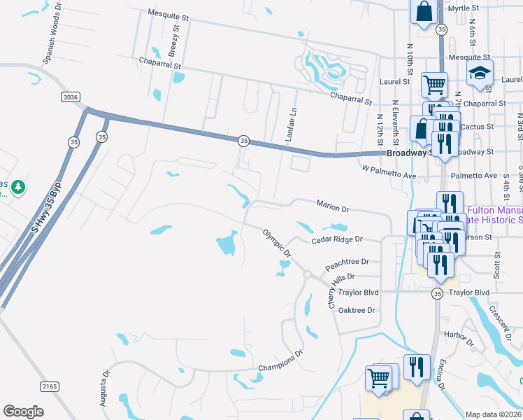 map of restaurants, bars, coffee shops, grocery stores, and more near 1702 Farm to Market Road 3036 in Rockport