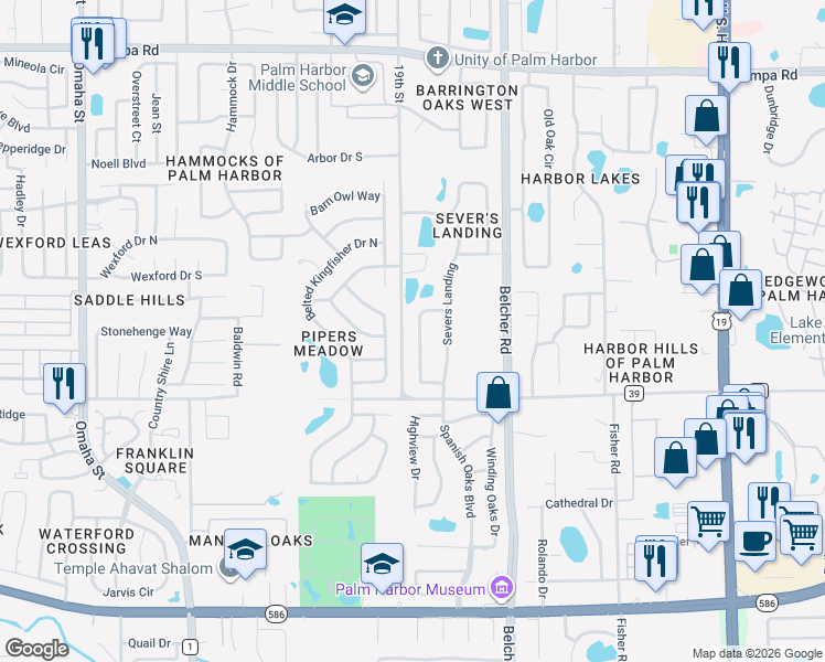 map of restaurants, bars, coffee shops, grocery stores, and more near 695 Samantha Drive in Palm Harbor