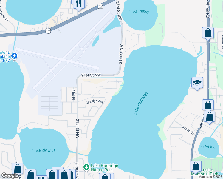map of restaurants, bars, coffee shops, grocery stores, and more near 1619 Pearce Road in Winter Haven