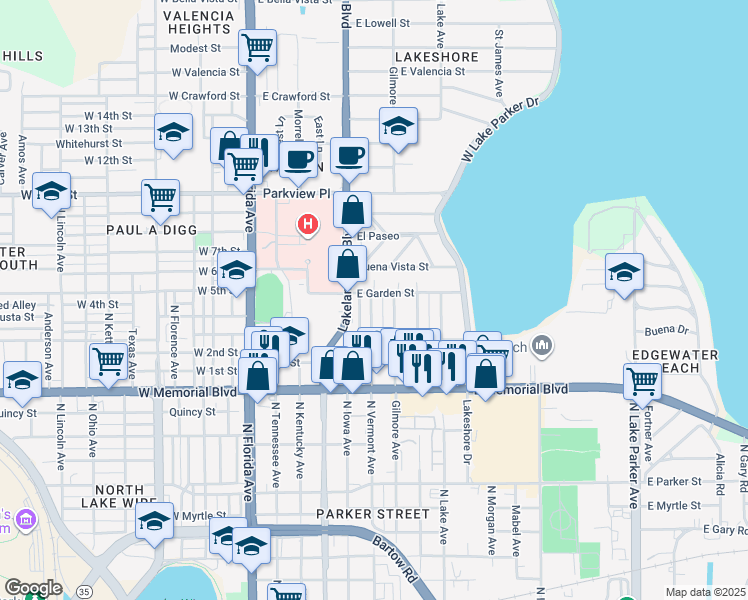 map of restaurants, bars, coffee shops, grocery stores, and more near 1147 North Vermont Avenue in Lakeland