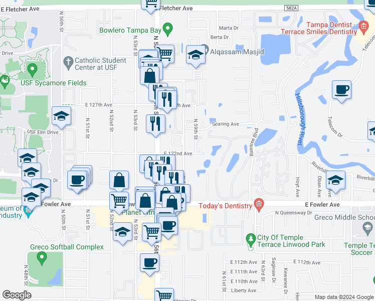 map of restaurants, bars, coffee shops, grocery stores, and more near 12206 North 59th Street in Tampa