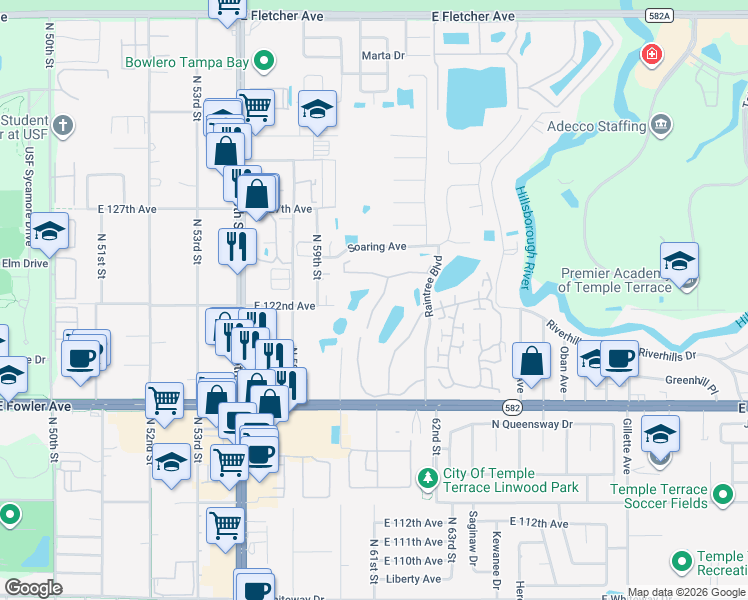 map of restaurants, bars, coffee shops, grocery stores, and more near 11868 Skylake Place in Tampa