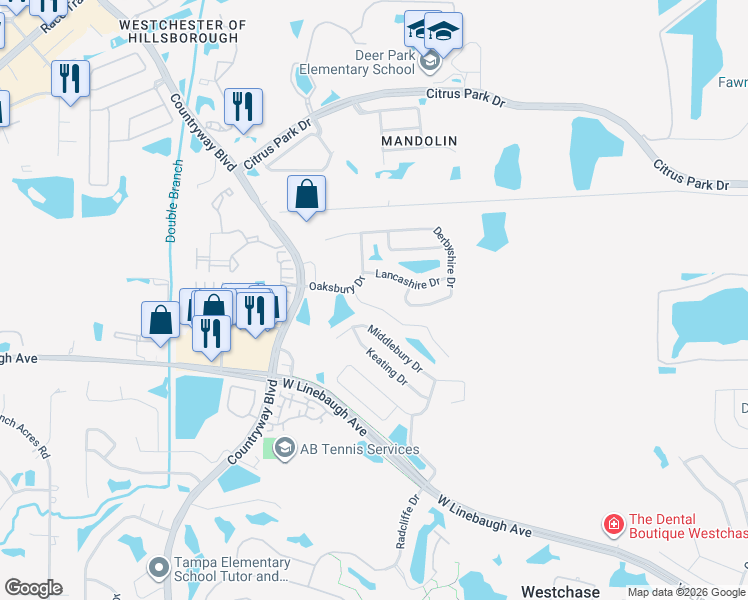 map of restaurants, bars, coffee shops, grocery stores, and more near 11826 Lancashire Drive in Tampa