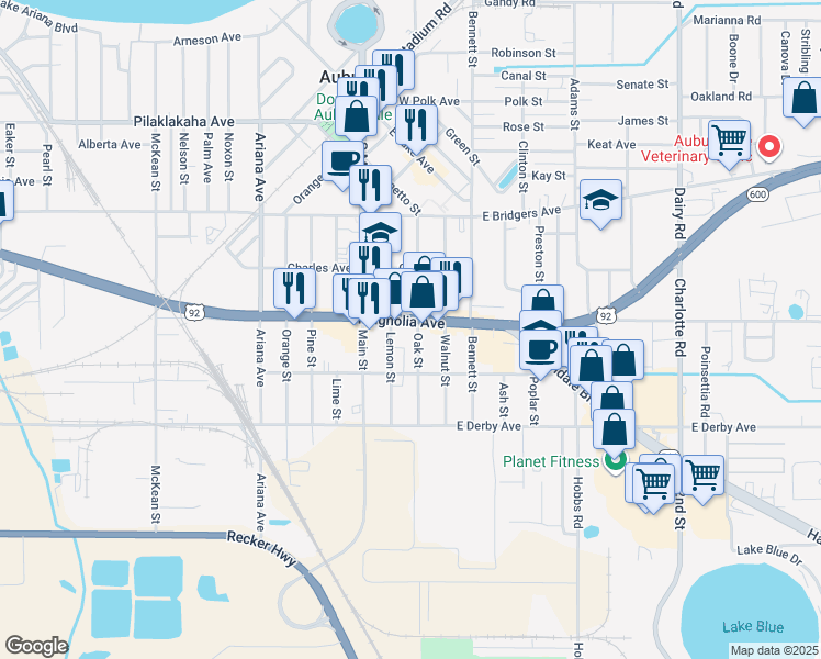map of restaurants, bars, coffee shops, grocery stores, and more near 420 Lemon Street in Auburndale