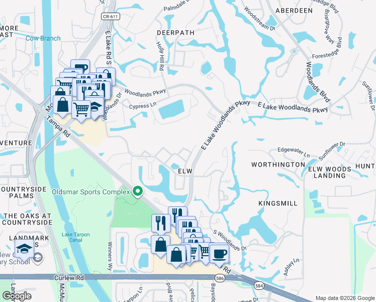 map of restaurants, bars, coffee shops, grocery stores, and more near 122 Caryl Way in Oldsmar
