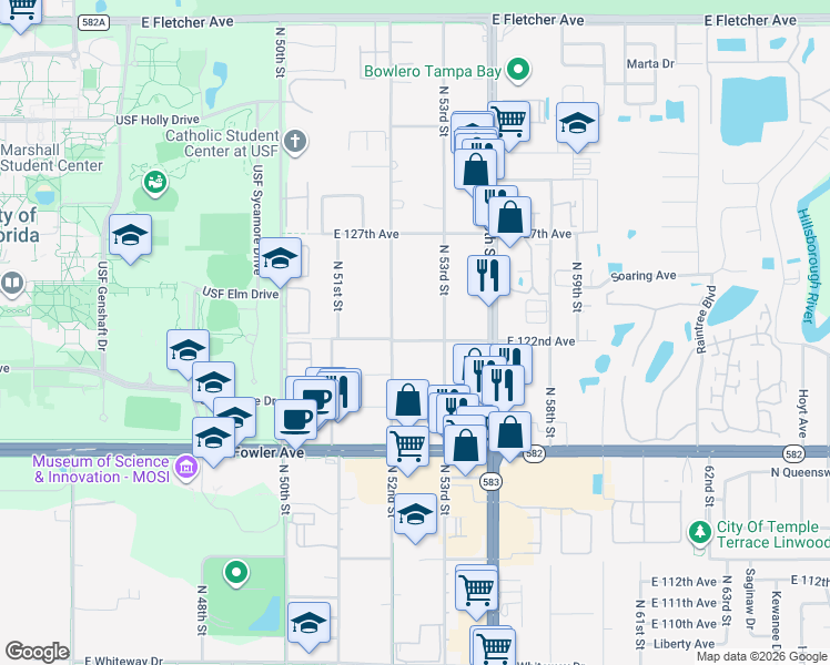 map of restaurants, bars, coffee shops, grocery stores, and more near 12206 North 53rd Street in Tampa