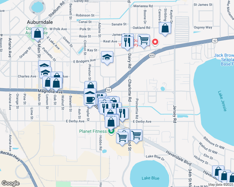 map of restaurants, bars, coffee shops, grocery stores, and more near 312 Old Winter Haven Road in Auburndale