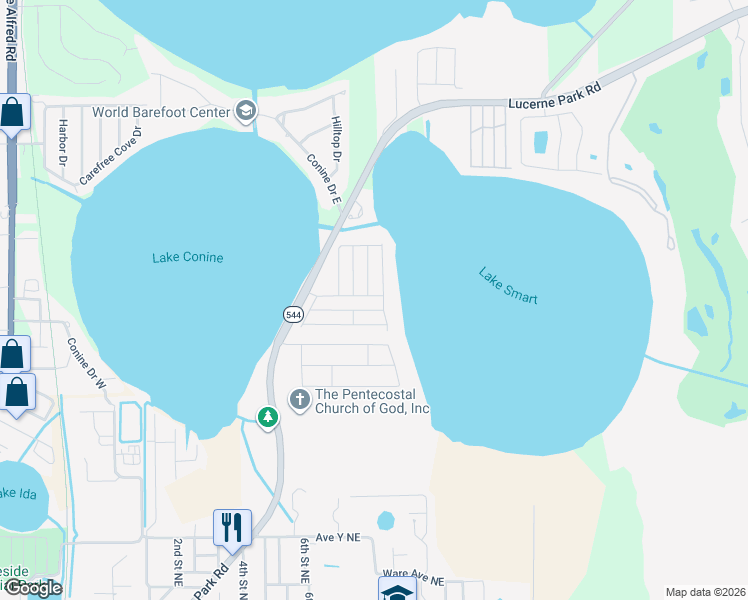 map of restaurants, bars, coffee shops, grocery stores, and more near 332 Winter Ridge Boulevard in Winter Haven