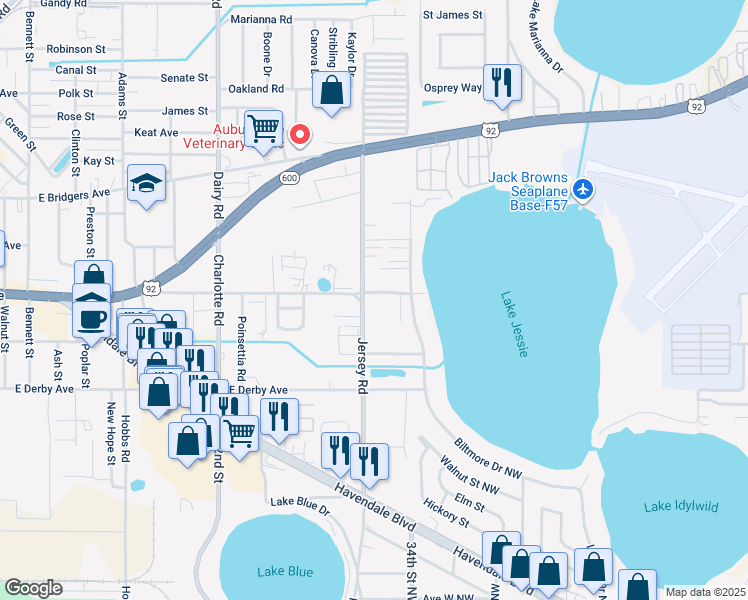 map of restaurants, bars, coffee shops, grocery stores, and more near 18 Morton Road in Winter Haven