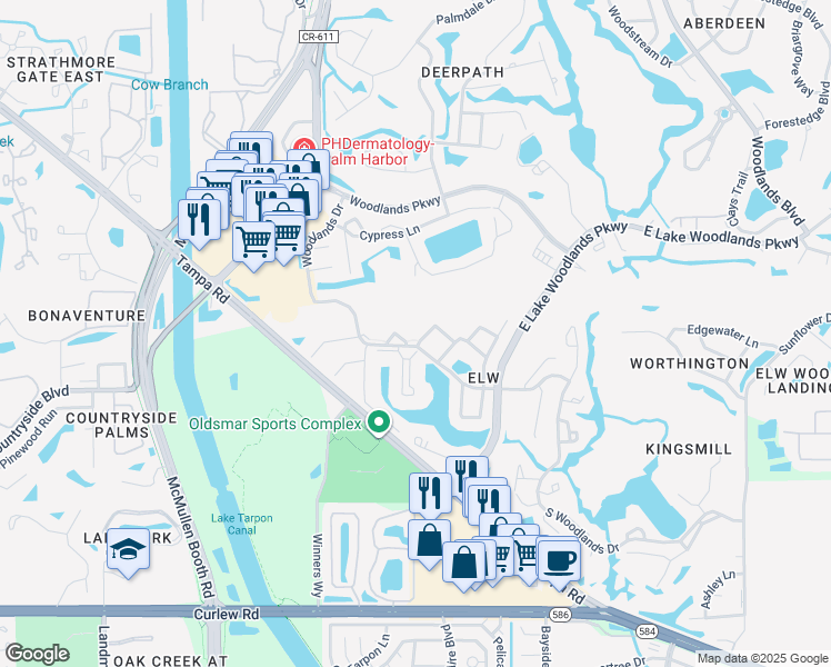 map of restaurants, bars, coffee shops, grocery stores, and more near 114 Mary Drive in Oldsmar