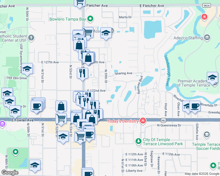 map of restaurants, bars, coffee shops, grocery stores, and more near 5904 East 122nd Avenue in Tampa