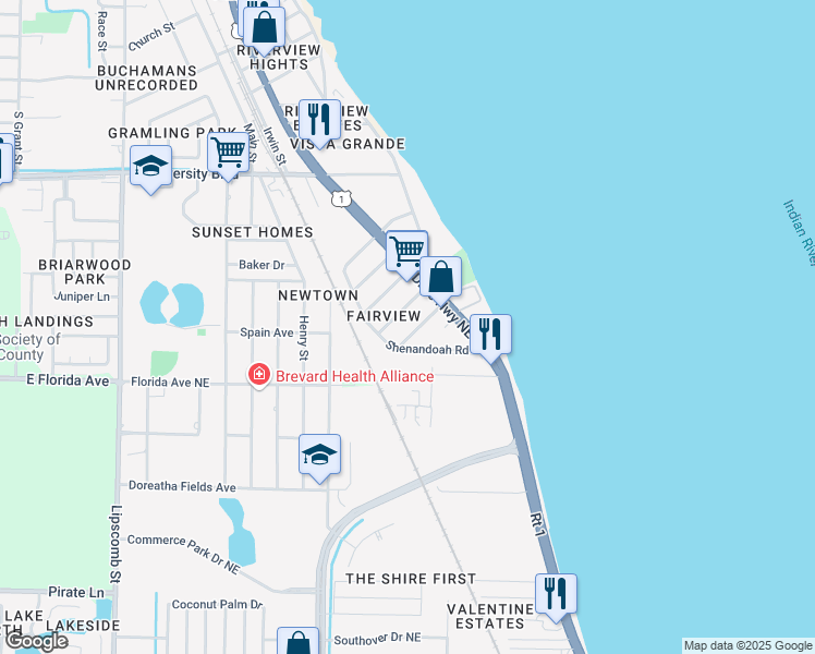 map of restaurants, bars, coffee shops, grocery stores, and more near 2560 Vernon Drive Northeast in Palm Bay